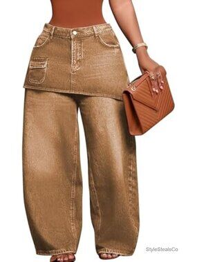 Womens Baggy Patchwork High Waisted Wide Leg Stretch Denim Jeans